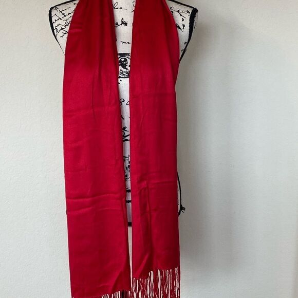 Red Shawl with Fringe on Ends - Picture 5 of 6